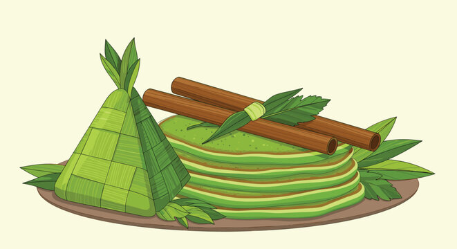 Traditional Indonesian food ketupat served with layered green pancakes and cinnamon sticks on a simple brown plate with leaves.