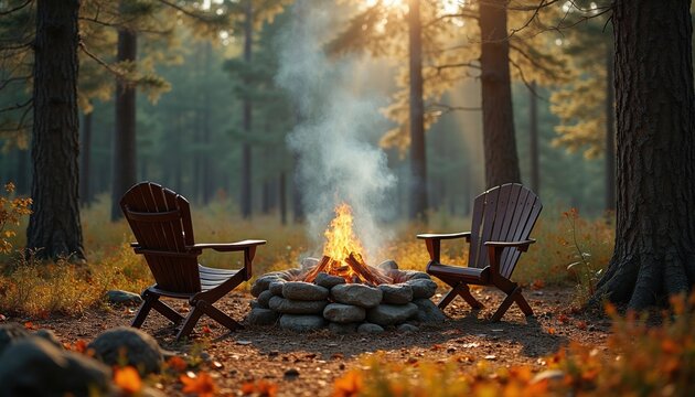 Warm campfire burns brightly in forest clearing. Two wooden chairs sit near stone fire pit. Smoke rises into autumn trees. Sunlight streams through the branches.