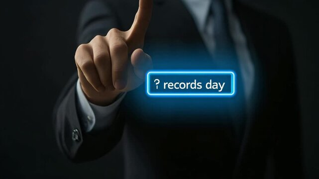 Businessman touching glowing records day button on digital interface for corporate data management and information access