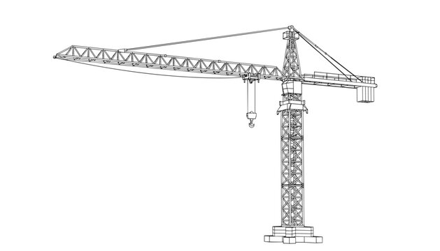 Technical line drawing of a tall construction tower crane with a long jib and hook against a plain white background.