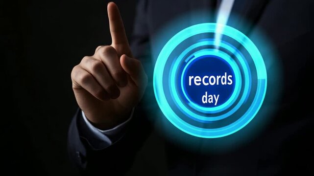 Business interacting with records day digital interface hologram for corporate data management and archiving solutions