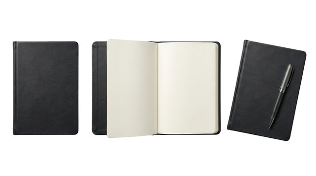 Blank black leather notebook and pen mockup