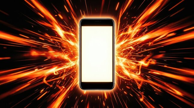 Smartphone with bright white screen surrounded by explosive orange light streaks and sparks mobile phone