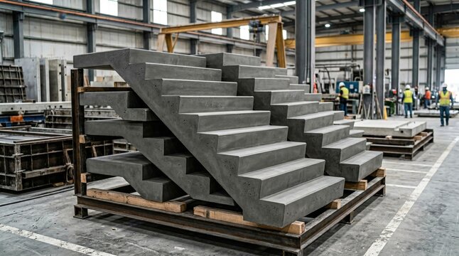 Medium shot focusing on closed precast concrete stair runs highlighting their solid structure and seamless surface finish in the factory.