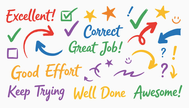 Colorful hand-drawn motivational stamps and stickers including Excellent, Great Job, Well Done, and Awesome with stars and checkmarks.