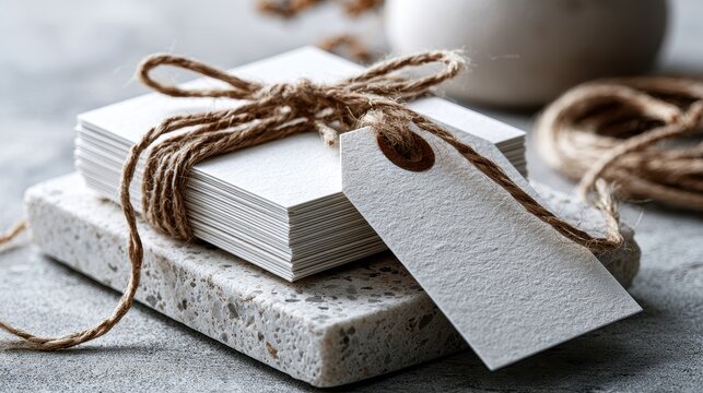 Blank white business card stack tied with rustic twine and a tag on a stone block mockup