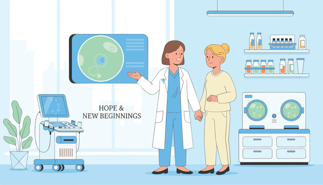Professional female doctor explaining embryo development on screen to an expectant mother in a modern clinic.