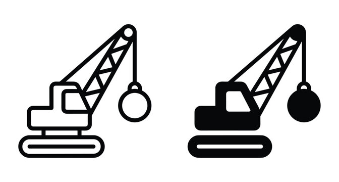 Wrecking ball crane icon set for demolition construction site machinery equipment heavy duty vehicle destruction building removal industrial project symbol