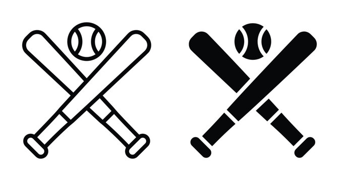 Baseball bats crossed with ball icon set featuring outline and solid black silhouette styles for sports equipment and team logos