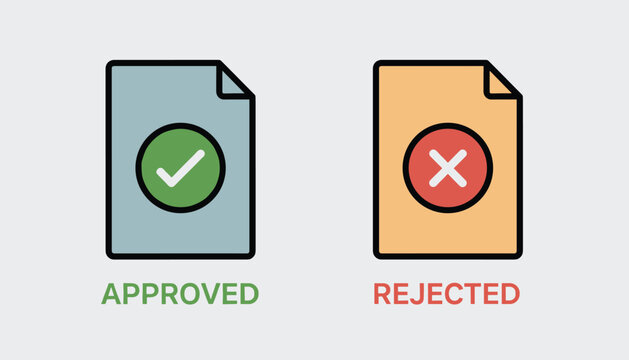 Approval and rejection concept represented by two documents displaying distinct checkmark and cross symbols.