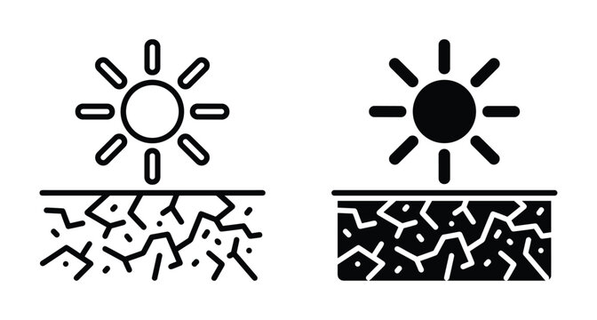 Drought icon set showing hot sun over cracked dry earth soil representing global warming climate change and environmental desertification issues for web design