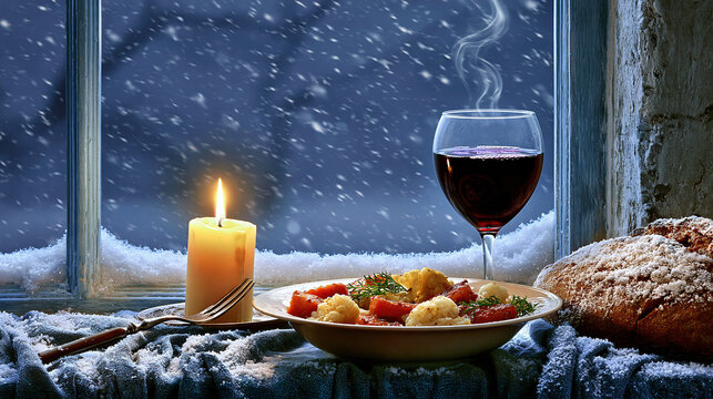 Cozy Meal by the Window on a Snowy Day