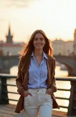 Fototapeta premium Smiling young woman with long hair walks near river in city at sunset. She wears brown jacket light blue shirt and white pants. European capital city with bridge in background. Calm relaxed mood.