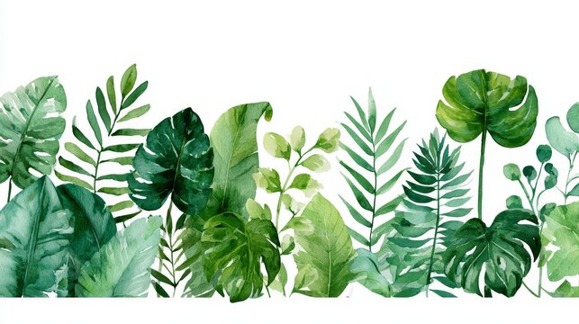 Lush tropical green leaves watercolor seamless border isolated on white background.