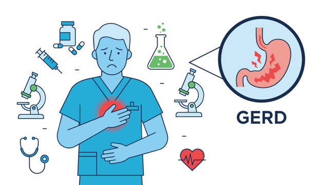Healthcare infographic illustrates a patient suffering from heartburn due to gastroesophageal reflux disease.