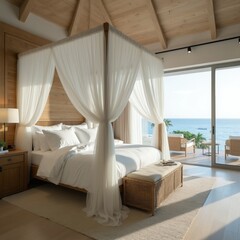 Naklejka premium Bedroom with canopy bed overlooks ocean. White bedding, sheer curtains, wooden ceiling beams, ocean view terrace outside. Peaceful morning light.