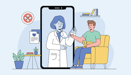 Fototapeta premium Young man consults with his doctor online using a telemedicine application on his smartphone from his living room.
