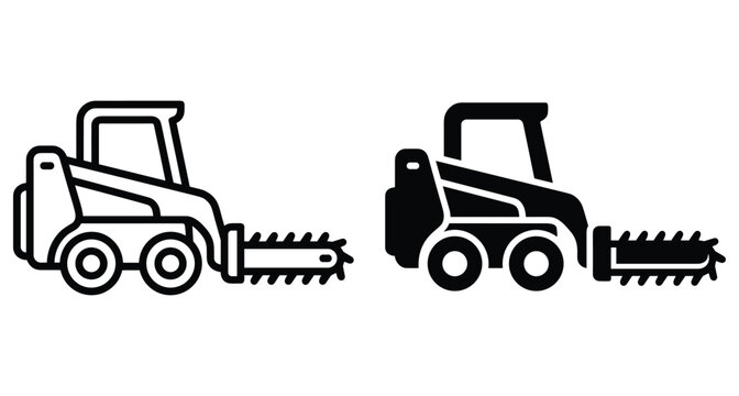 Skid steer loader with trencher attachment icon set featuring outline and solid silhouette styles for construction and industrial design projects