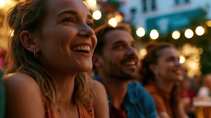 Fototapeta premium German football fans celebrating goal at outdoor summer screening