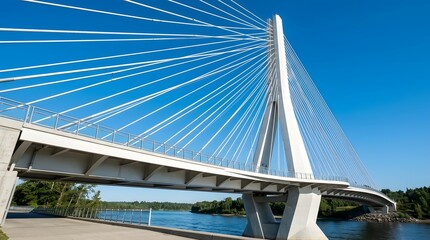 Fototapeta premium A modern white cable stayed bridge featuring tall concrete pylons and radiating steel tension cables under a clear blue sky