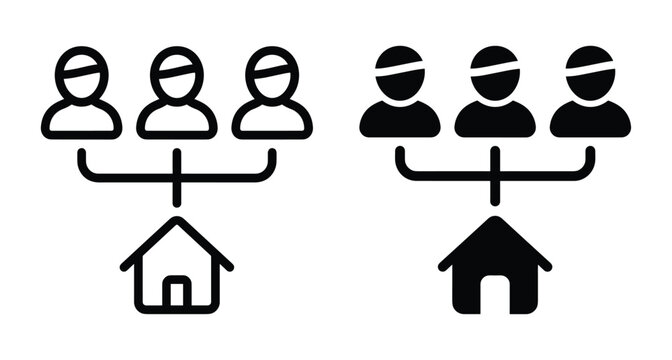 People connected to house icon set representing family home ownership roommates community living residential property sharing household group members real estate