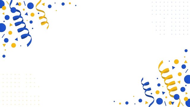 Blue and yellow confetti and ribbons on white background with gray dots  celebration design