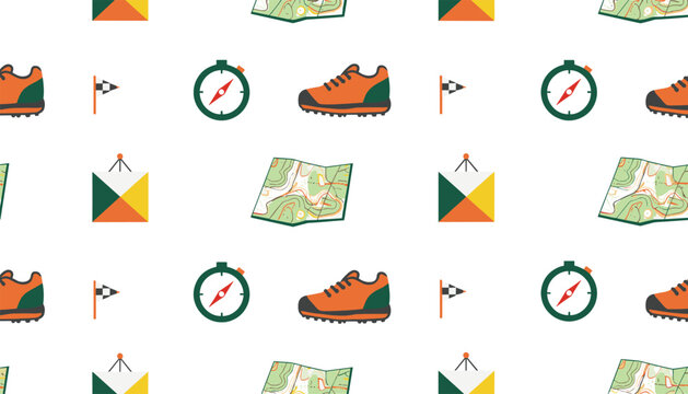 Seamless repeating pattern features hiking compasses, trail maps, orange shoes, and camping accessories.