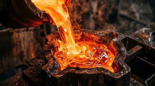 Glowing molten liquid metal pours from a heavy industrial ladle into a dark sand cast mold during a manufacturing process