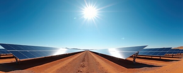 Fototapeta premium Vast solar farm stretches across barren desert landscape. Rows of photovoltaic panels absorb bright sunlight under clear blue sky. Renewable energy generators work in arid environment powering future.
