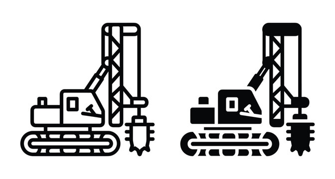 Heavy construction drilling rig machine icon set for foundation work engineering industrial equipment crawler crane pile driver vehicle vector illustration
