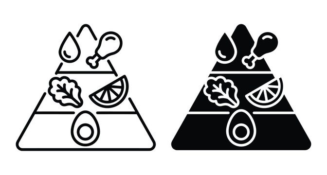 Food pyramid icons representing healthy nutrition balanced diet with meat vegetables fruit water and avocado for wellness and healthcare infographics