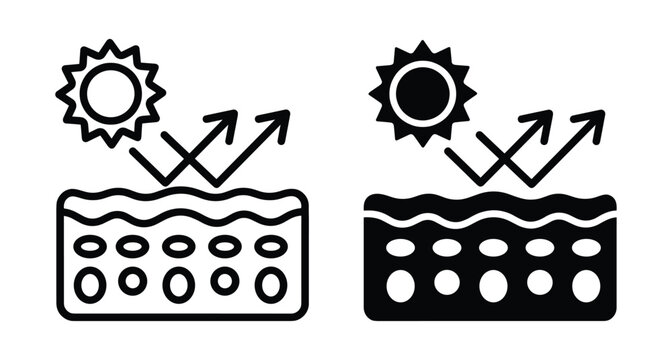 Sun protection skin care icon set showing ultraviolet rays reflecting off epidermis layers for dermatology health and sunscreen product labeling