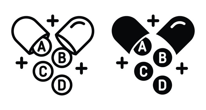 Vitamin capsule icon set with letters A B C D representing essential nutrients and supplements for health wellness medical care