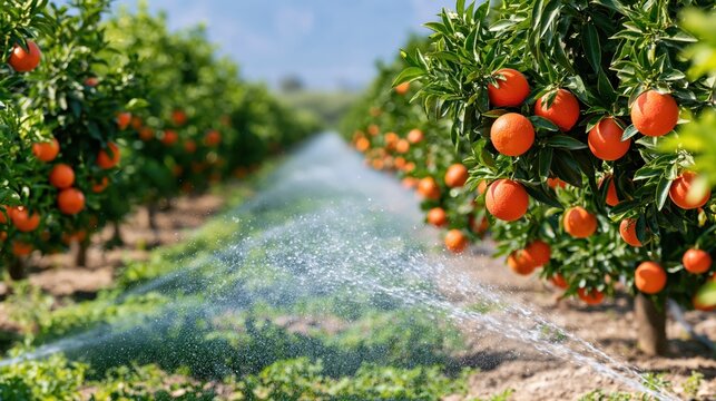 Rows of ripe oranges on trees being watered by fine mist spray in a grove