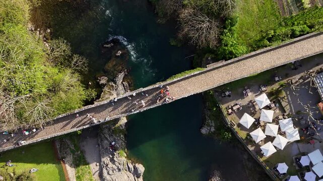 Cangas de Onis Historic Bridge Sella River Asturias Spain Aerial Photography Tourism Landmark