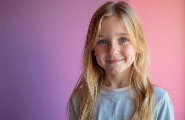 Fototapeta premium Young blonde girl smiles brightly. She has blue eyes and light hair. Portrait in studio against pink purple gradient wall. Casual everyday look.