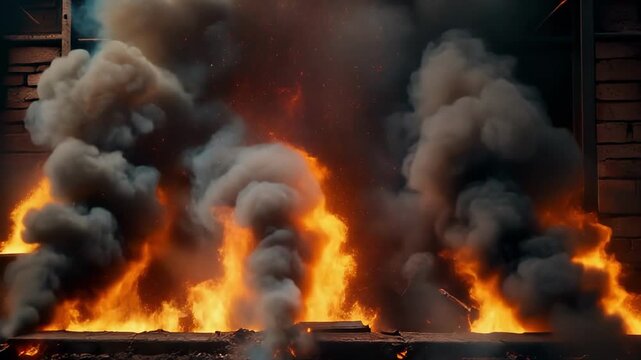 roaring lioness in savanna wildfire flames close-up