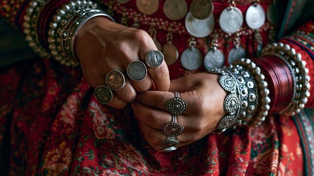 Woman fastens rings and bracelets, preparing herself.