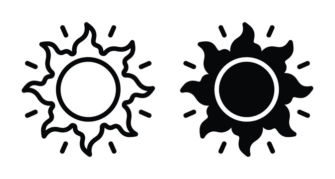 Sun icon set with outline and solid black versions representing solar energy weather heat summer light rays and climate symbols