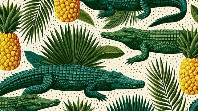 Crocodiles, pineapples, and palm leaves make a repeating design. This print feels like a sunny, faraway place.