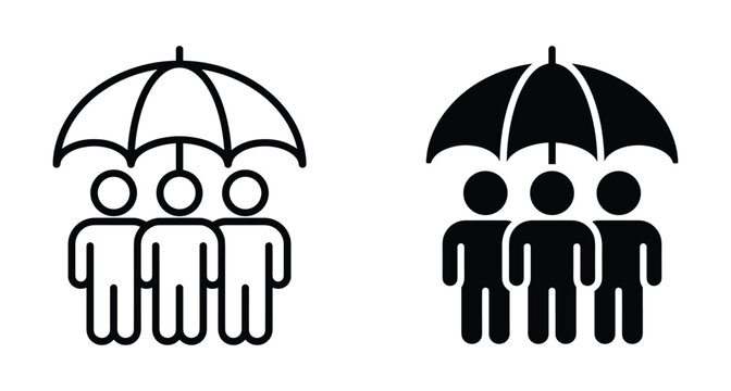Family insurance icon set showing three people protected under an umbrella for safety security life health coverage and social support