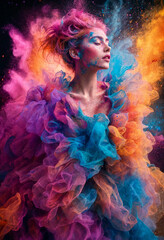 Fototapeta premium Colorful Powder Explosion Portrait with Vibrant Pigments and Dramatic Lighting