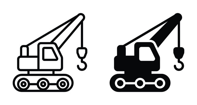 Construction crane icon set featuring crawler mobile lifting machinery with hook for building industrial projects engineering and heavy equipment transport