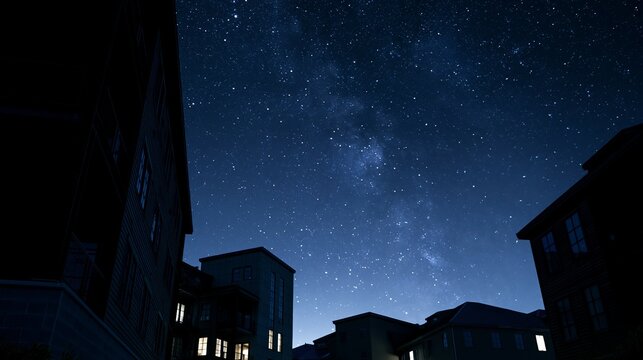 Seeing stars in the night sky. Buildings stood dark against the summer stars, including the bright Summer Triangle.
