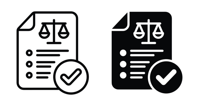 Legal compliance document icon set with scales of justice and checkmark symbol for law regulation and official agreement verification