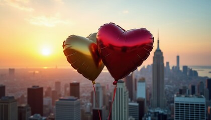 Fototapeta premium Two heart balloons float in front of New York City skyline at sunset. Red and gold balloons reflect golden sunbeams. Cityscape view features tall buildings and Empire State Building.