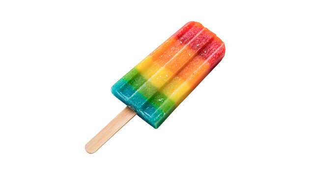 Colorful rainbow striped fruit ice pop popsicle on a wooden stick isolated on transparent background cut out