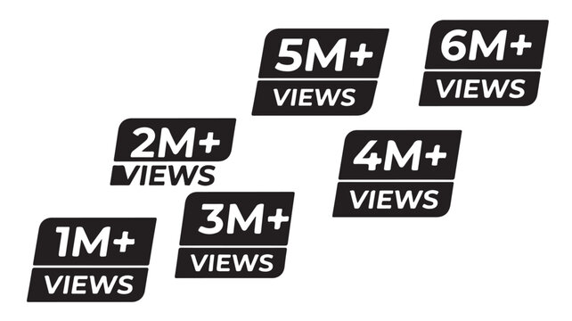 Social media video views counter labels, set of 6 black and white million views milestone badges, viral content metric icons for video thumbnails
