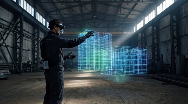 augmented reality application, an engineer with ar glasses adjusting a glowing virtual blueprint amidst an industrial setting