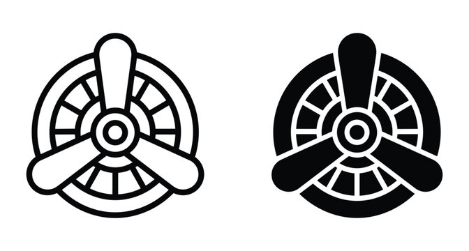 airplane propeller engine icon set with line and solid styles for aviation flight travel transport mechanical turbine airplane propeller engine
